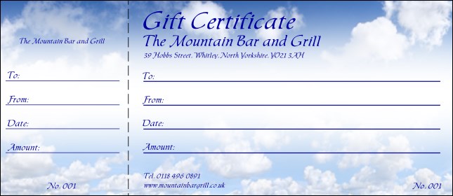 Blue Skies Gift Certificate Product Front