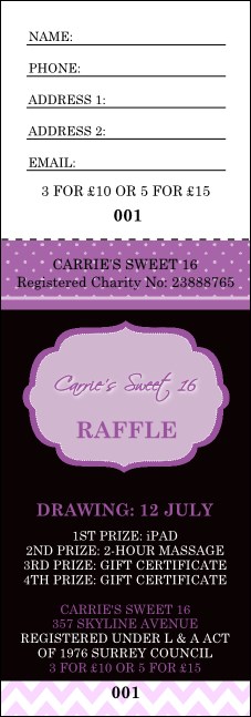 Sweet Sixteen Purple Chevron Raffle Ticket Product Front