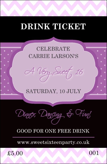 Sweet Sixteen Purple Chevron Drink Ticket Product Front